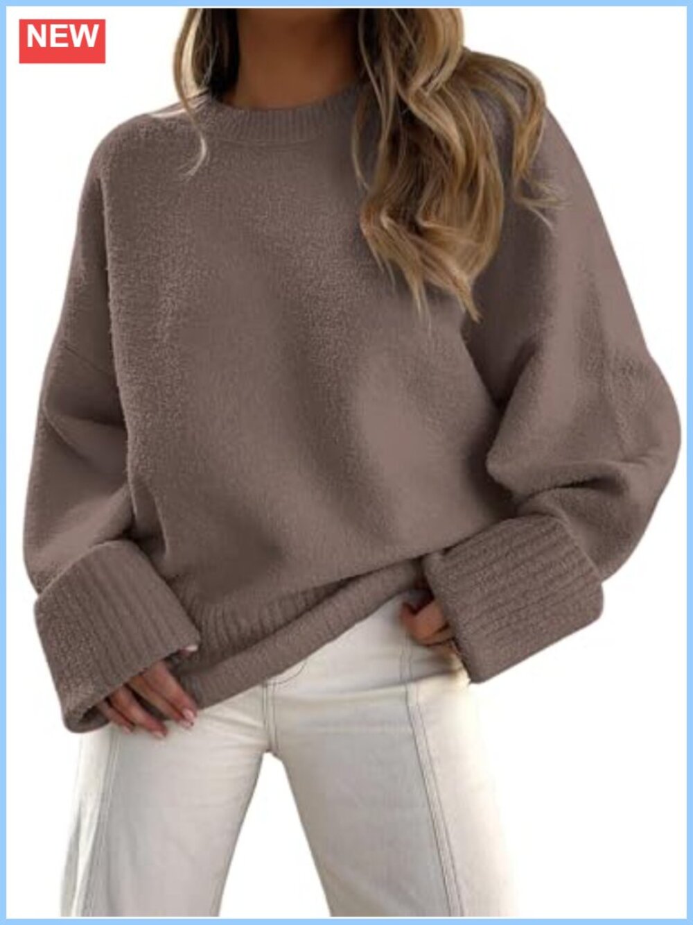 Oversized Warm Knit Sweater Fuzzy Crew Neck Long Sleeve Pullover Winter